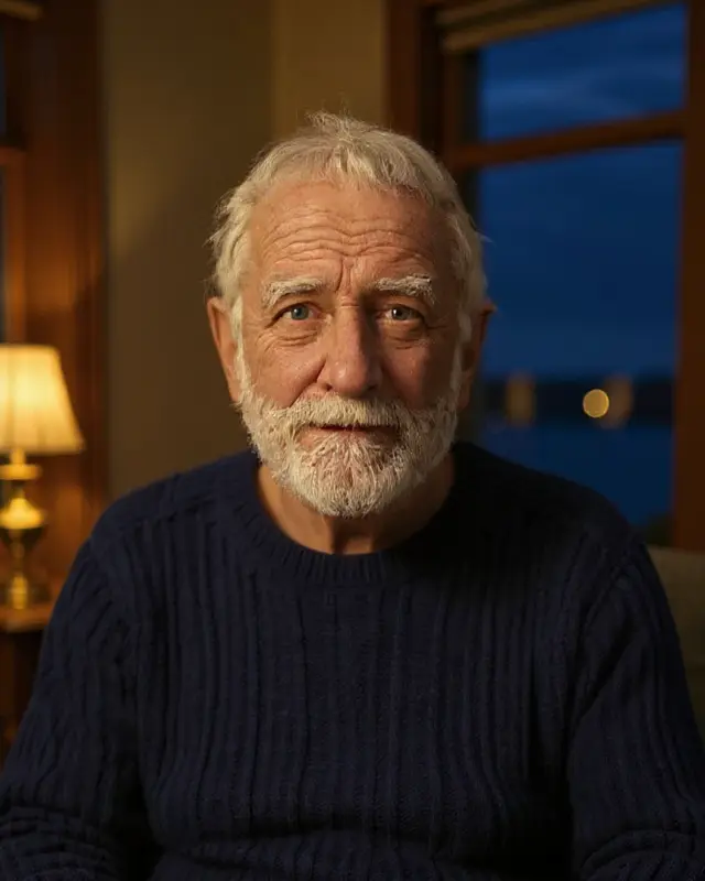 Frank Mallory, an AI character: a white-bearded skipper in a navy jumper, in a lamp-lit front room above the harbour.