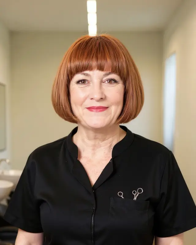 Jackie Holroyd, an AI character, in the salon by the basins.