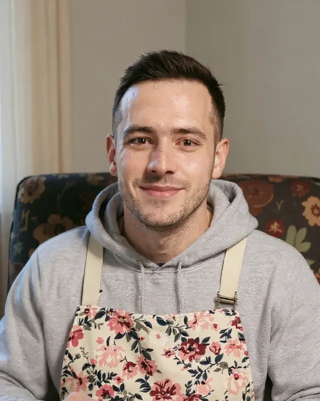 Kieran Walsh, an AI character, in the front room, apron on, holding a sock.